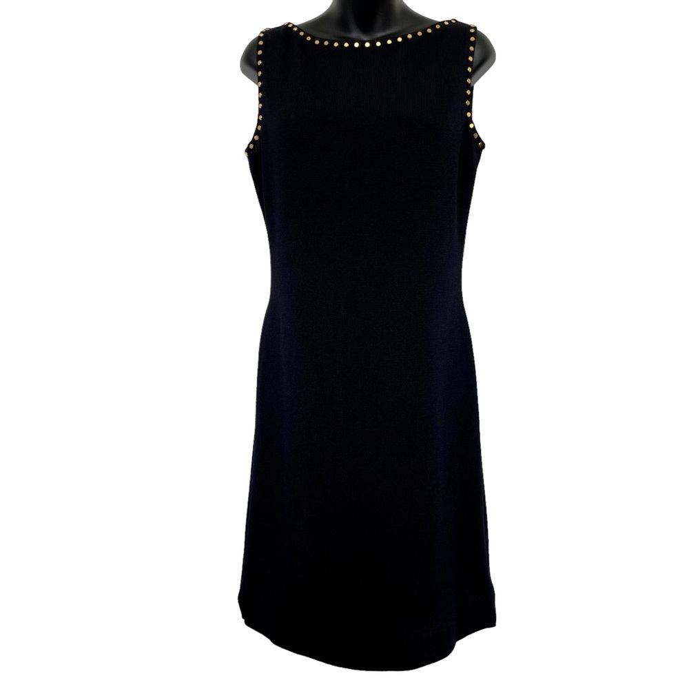 St. John Black Santana Knit Sleeveless Sheath Dress w/Gold Dot Detail - Size 8